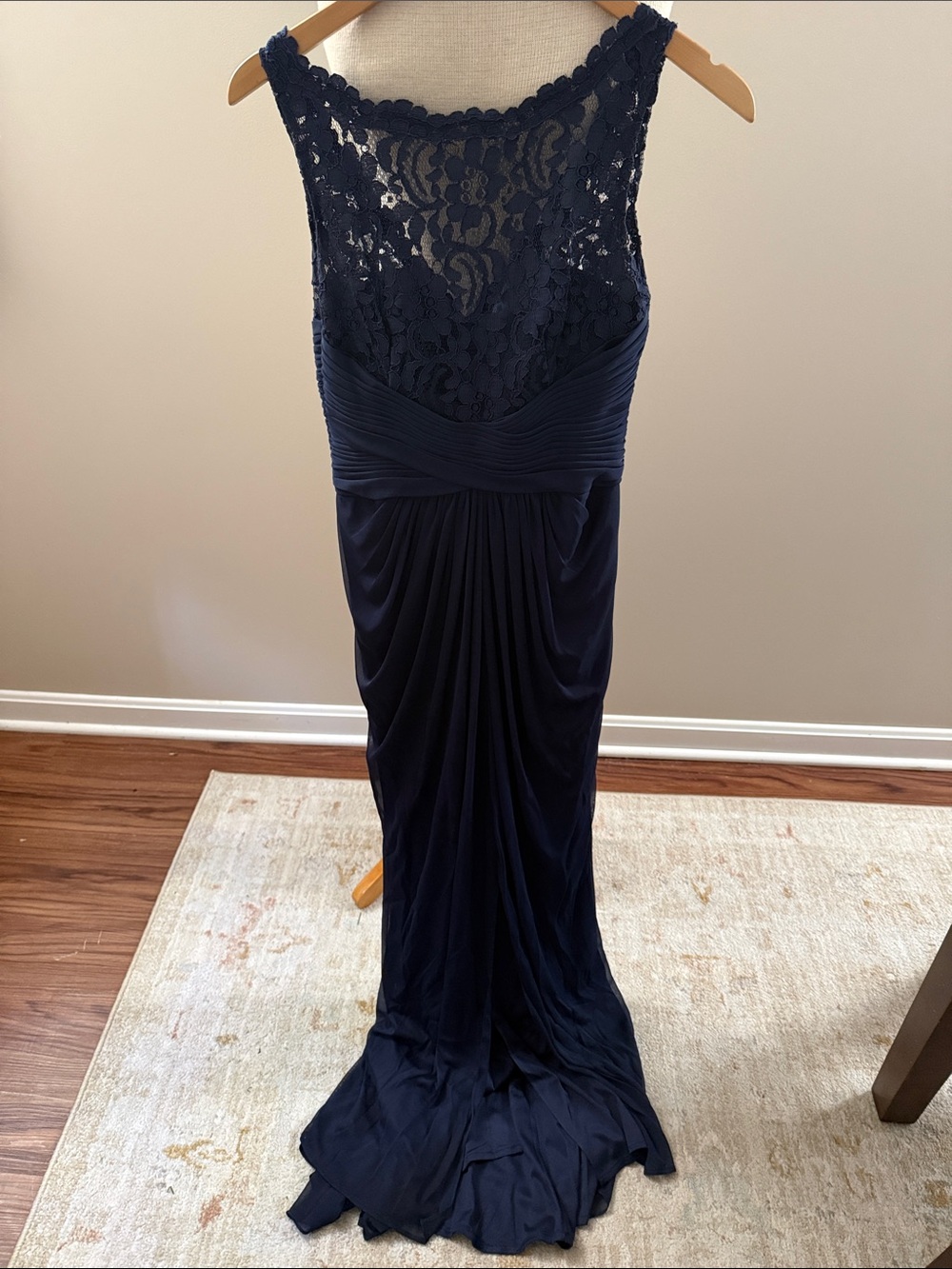 David's Bridal Navy Lace-Back Maxi Gown